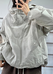 Unique Grey Cinched Hooded Fine Cotton Filled Tops Lantern Sleeve