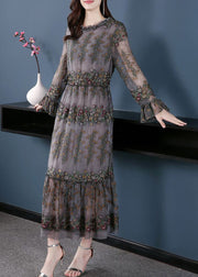 Unique Grey Embroideried Patchwork Silk Maxi Dresses Spring