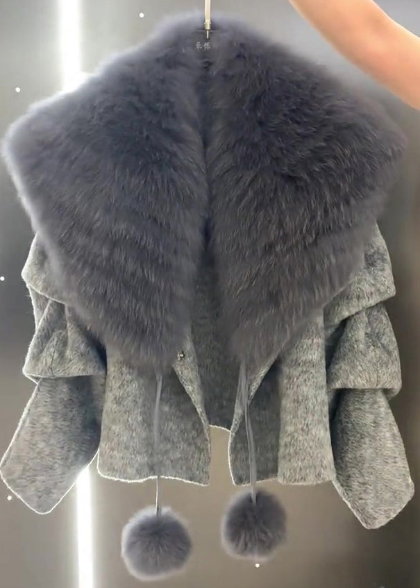 Unique Grey Fur Collar Fuzzy Ball Decorated Woolen Coat Winter