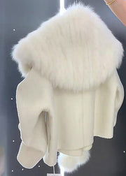 Unique Grey Fur Collar Fuzzy Ball Decorated Woolen Coat Winter