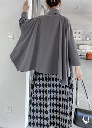 Unique Grey Hign Neck Patchwork Cotton Top Batwing Sleeve