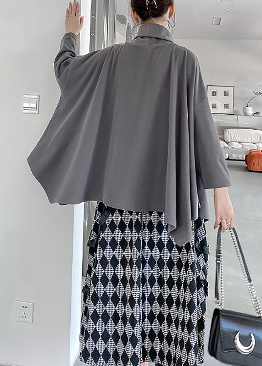 Unique Grey Hign Neck Patchwork Cotton Top Batwing Sleeve