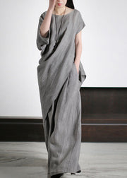 Unique Grey O-Neck Asymmetrical Patchwork Linen Women Sets 2 Pieces Summer