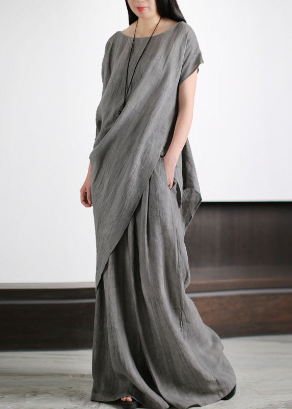 Unique Grey O-Neck Asymmetrical Patchwork Linen Women Sets 2 Pieces Summer