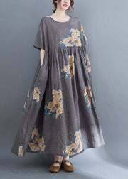 Unique Grey O-Neck Print Patchwork Robe Dresses Summer