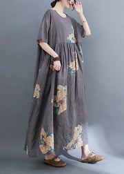 Unique Grey O-Neck Print Patchwork Robe Dresses Summer