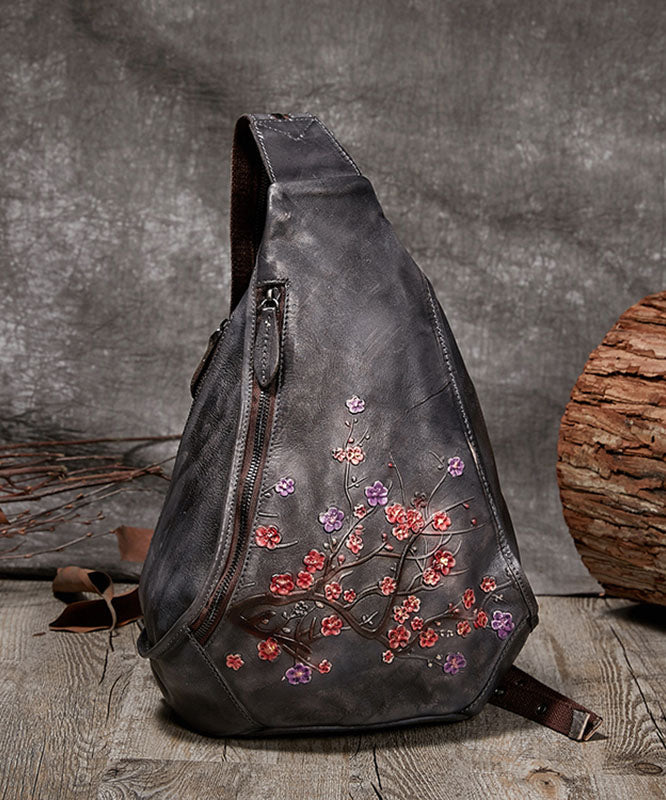 Unique Grey Plum Blossom Jacquard Calf Leather Backpack Bag