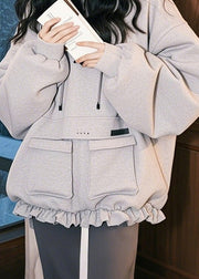 Unique Grey Ruffled Pockets Patchwork Cotton Hooded Pullover Spring