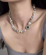 Unique Grey Sterling Silver Alloy Zircon Double Layer Pearl Gratuated Bead Necklace