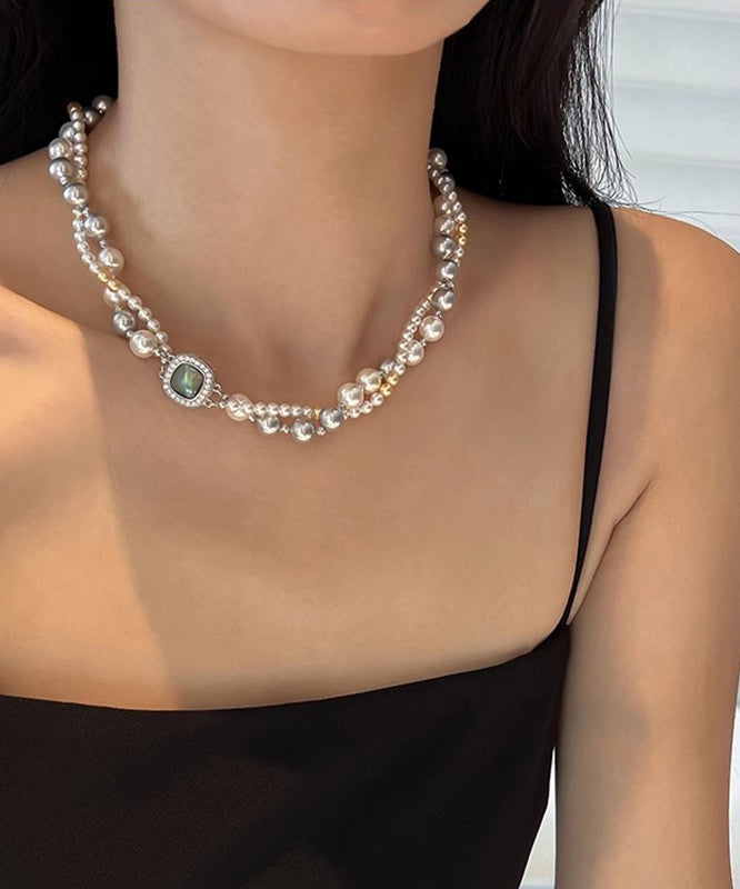 Unique Grey Sterling Silver Alloy Zircon Double Layer Pearl Gratuated Bead Necklace