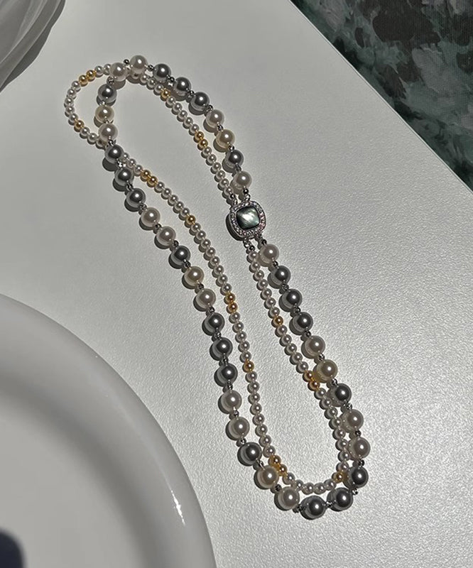 Unique Grey Sterling Silver Alloy Zircon Double Layer Pearl Gratuated Bead Necklace