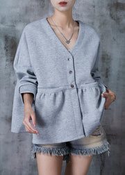 Unique Grey V Neck Patchwork Cotton Coat Fall