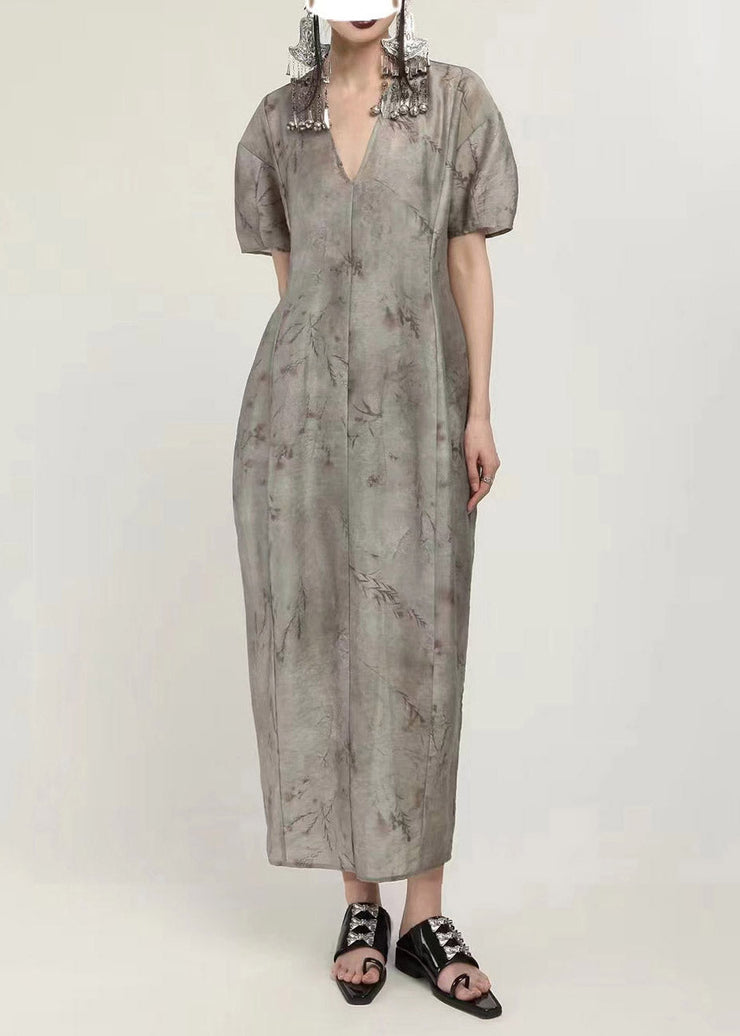 Unique Grey V Neck Print Patchwork Maxi Dress Short Sleeve