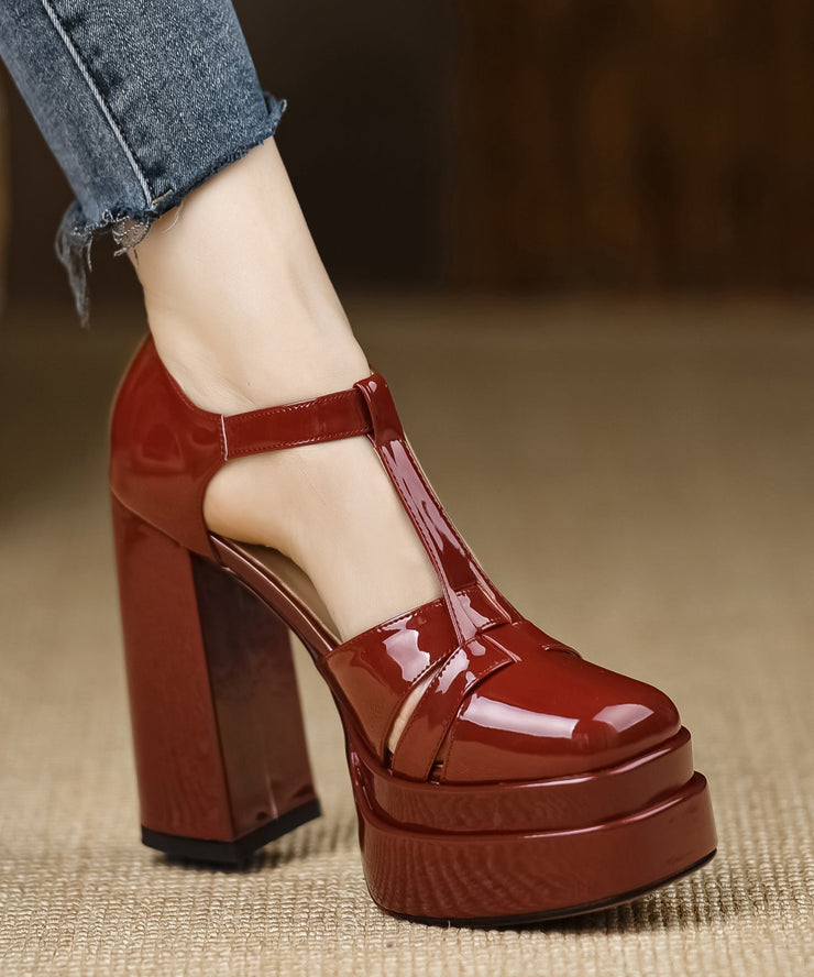 Unique Hollow Out Chunky High Heels Mulberry Patent Leather