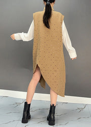 Unique Khaki Asymmetrical Patchwork Graphic Dot Maxi Waistcoat Dresses Spring