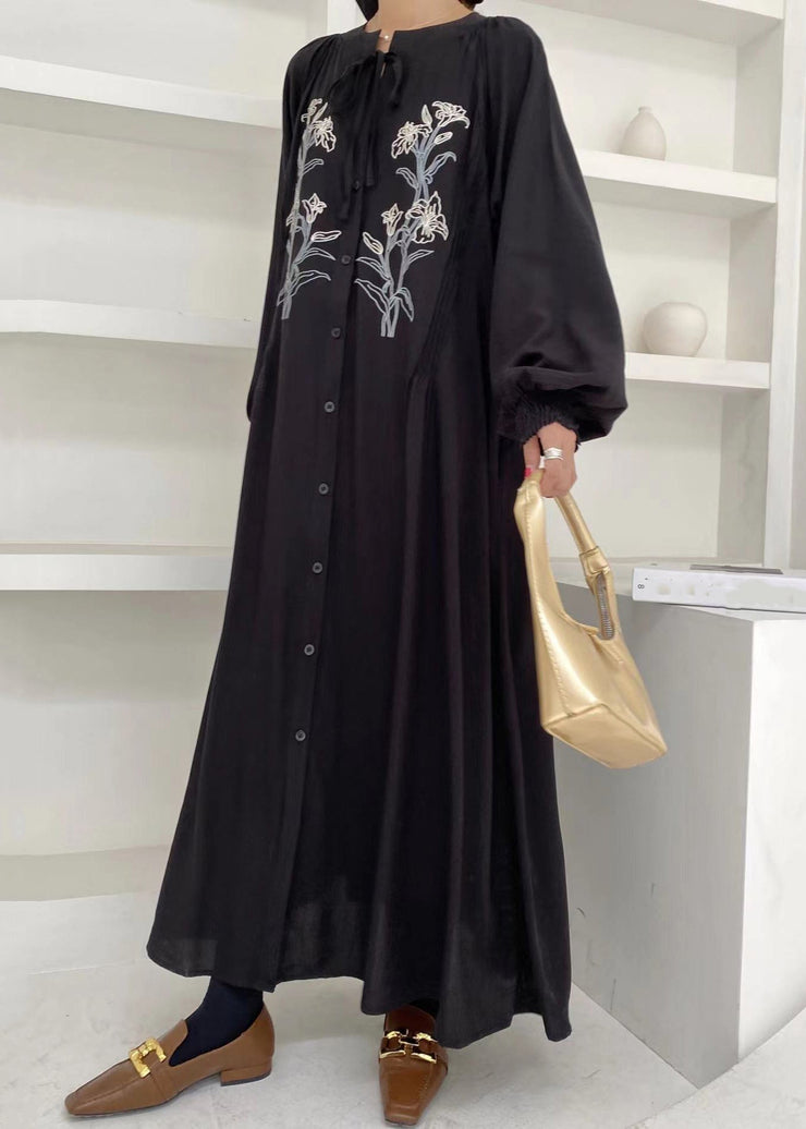 Unique Khaki Embroideried Lace Up Button Cotton Shirts Long Dress Lantern Sleeve