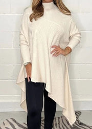 Unique Khaki Hign Neck Asymmetrical Knit Top Fall