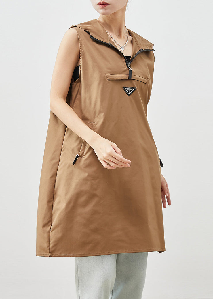 Unique Khaki Hooded Cotton Mini Dresses Sleeveless