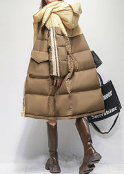 Unique Khaki Hooded Zippered Pockets Duck Down Winter Coats