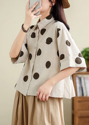 Unique Khaki Oversized Dot Cotton Shirts Half Sleeve