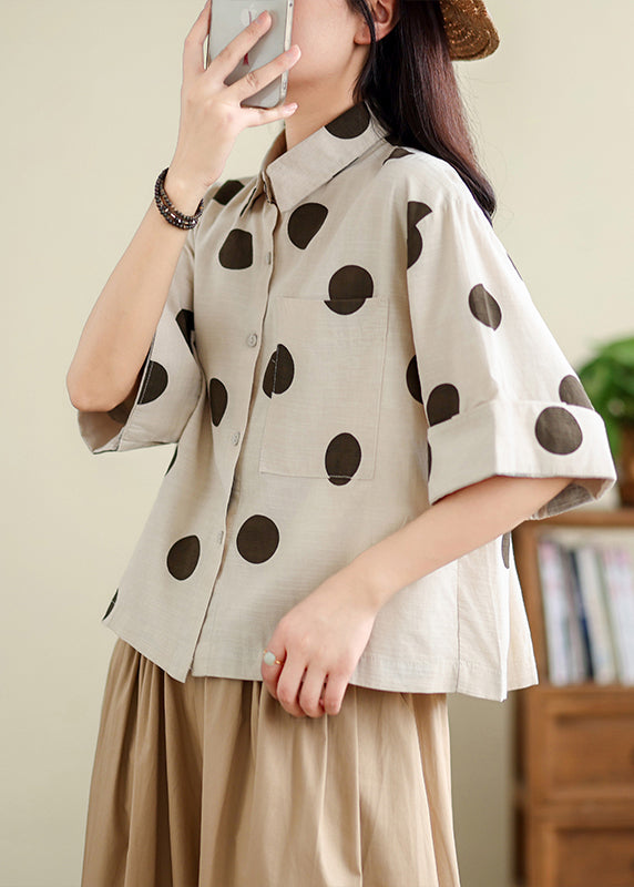 Unique Khaki Oversized Dot Cotton Shirts Half Sleeve