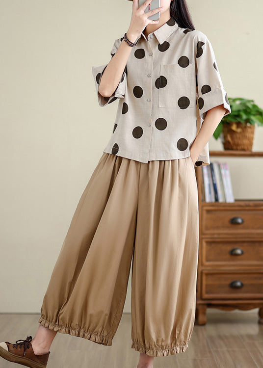 Unique Khaki Oversized Dot Cotton Shirts Half Sleeve