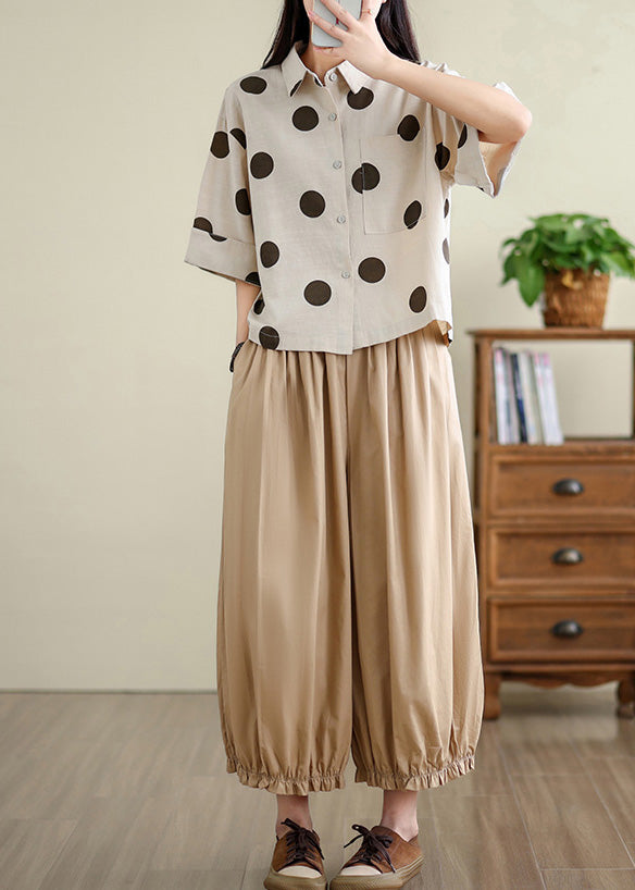 Unique Khaki Oversized Dot Cotton Shirts Half Sleeve