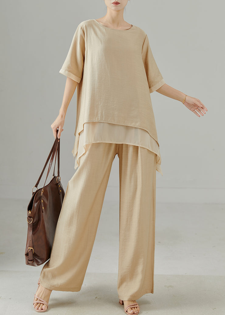 Unique Khaki Oversized Patchwork Cotton Two Pieces Set Summer