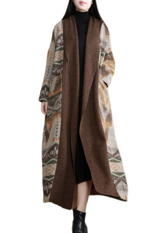 Unique Khaki Oversized Patchwork Print Wool Loose Cardigan Fall