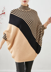 Unique Khaki Oversized Patchwork Striped Knit Sweater Tops Winter