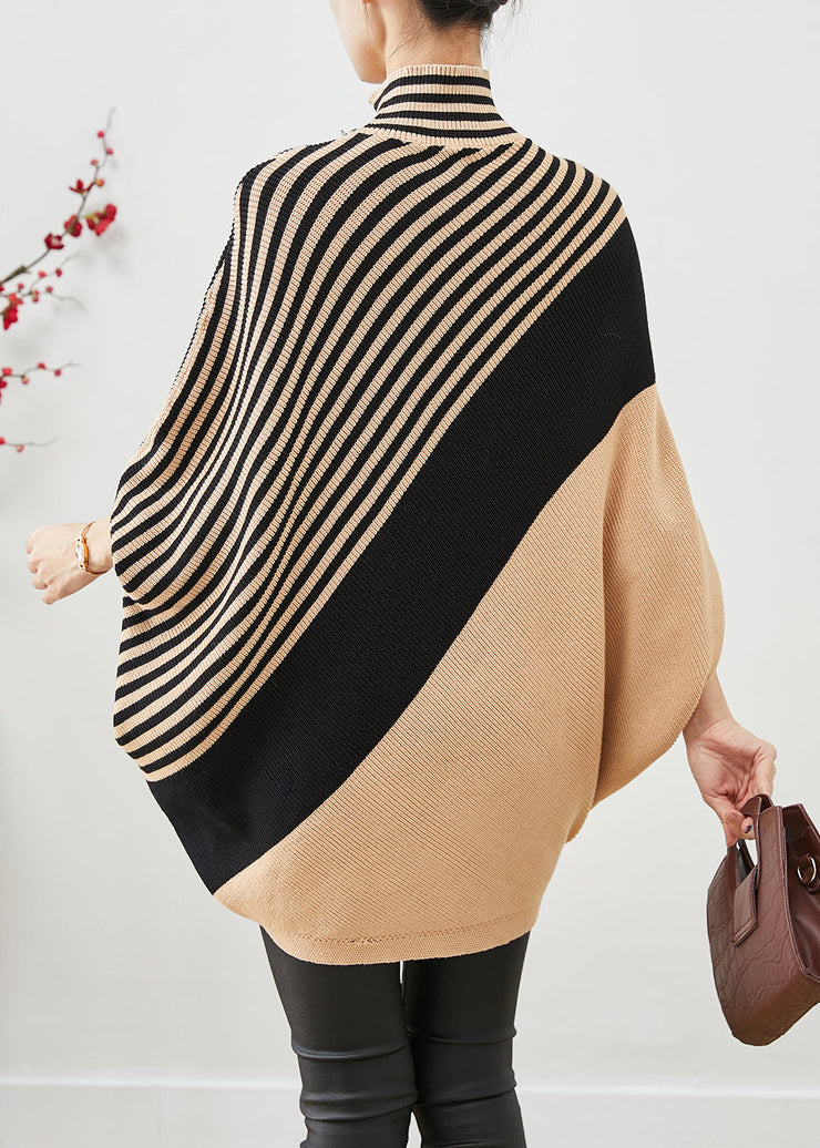 Unique Khaki Oversized Patchwork Striped Knit Sweater Tops Winter