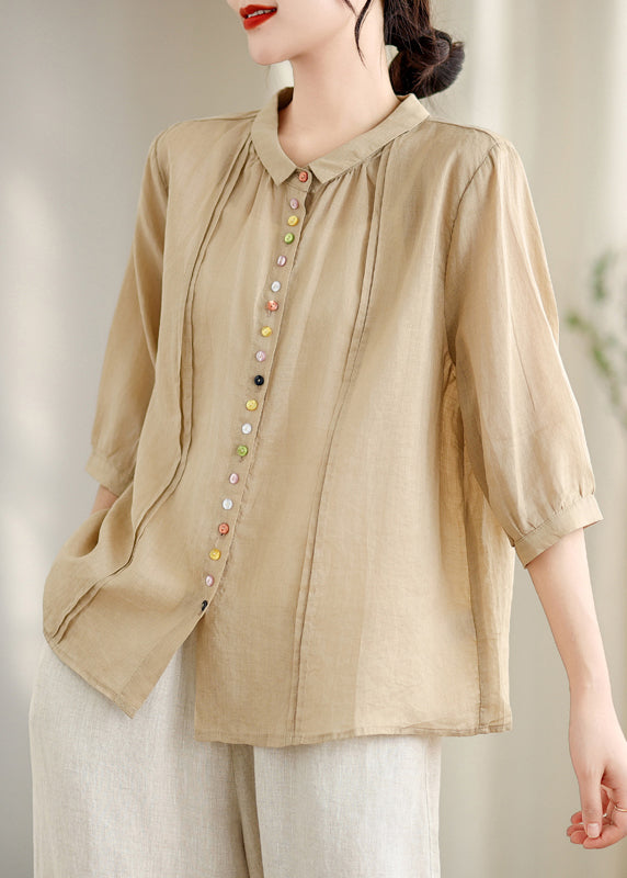 Unique Khaki Oversized Wrinkled Cotton Shirt Top Summer