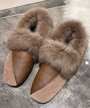 Unique Khaki Penny Loafers Splicing Fuzzy Wool Lined