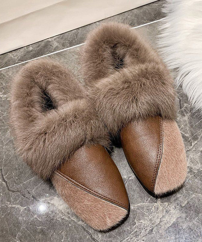 Unique Khaki Penny Loafers Splicing Fuzzy Wool Lined