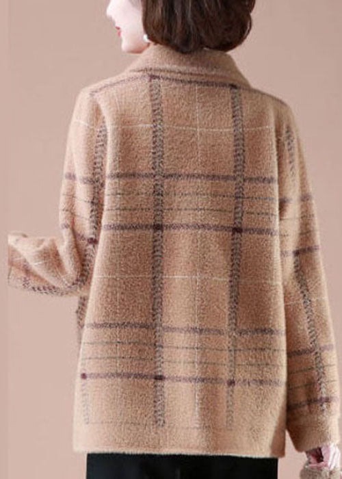 Unique Khaki Peter Pan Collar Plaid Pockets Mink Hair Knitted Coats Winter