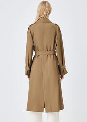 Unique Khaki Peter Pan Collar Pockets Sashes Cotton Double Breast Coat Outwear Fall