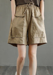 Unique Khaki Pockets Patchwork Linen Shorts Summer