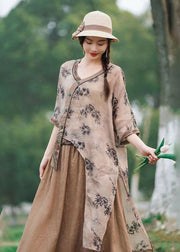 Unique Khaki Print Side Open Patchwork Linen Top Summer