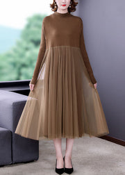 Unique Khaki Stand Collar Tulle Patchwork Knit Long Dress Long Sleeve