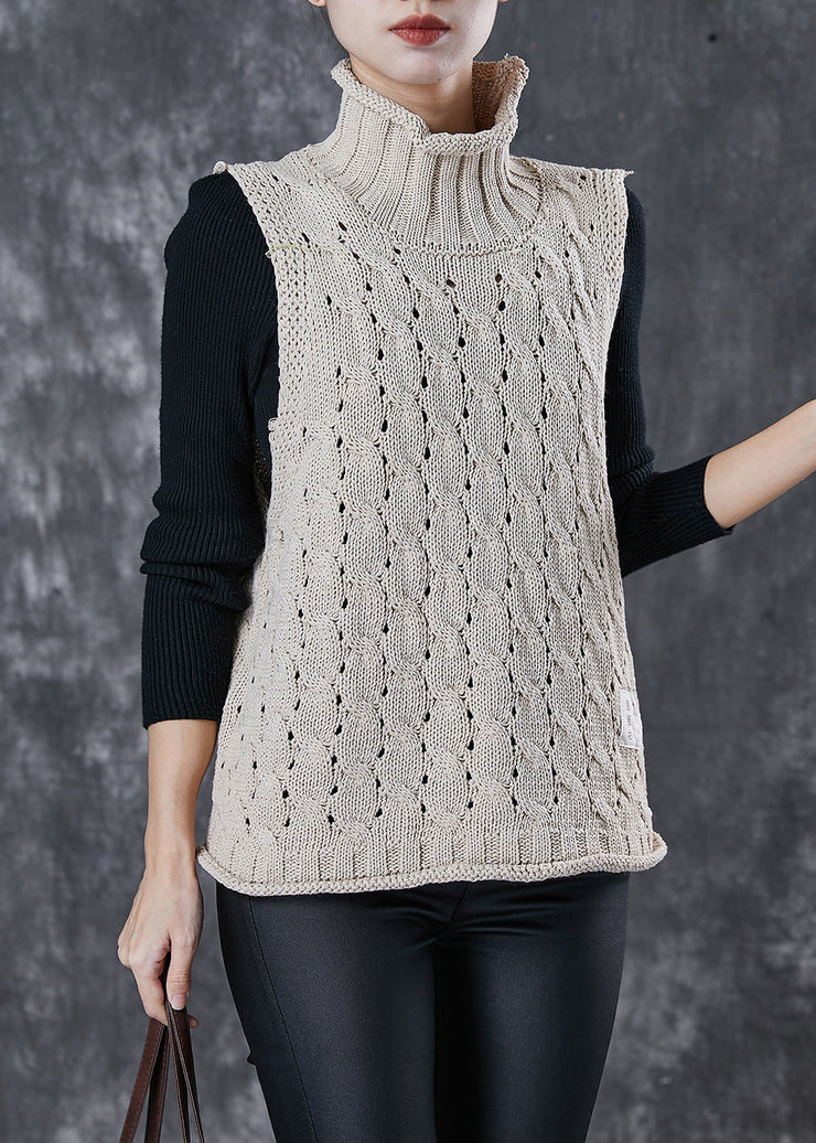 Unique Khaki Turtle Neck Hollow Out Knit Vests Spring