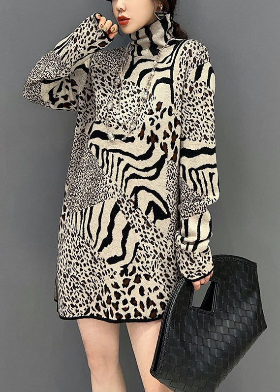 Unique Khaki Turtle Neck Leopard Print Side Open Knit Dress Spring