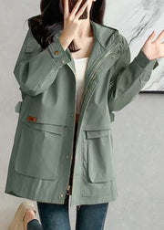 Unique Khaki Zippered Patchwork Pockets Hooded Trench Coats Long Sleeve