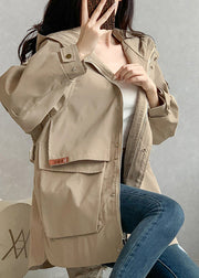 Unique Khaki Zippered Patchwork Pockets Hooded Trench Coats Long Sleeve