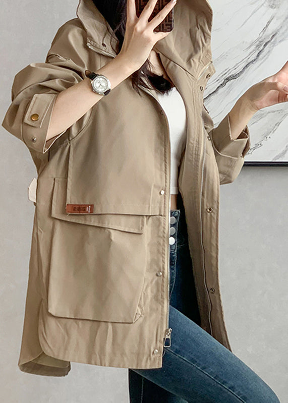 Unique Khaki Zippered Patchwork Pockets Hooded Trench Coats Long Sleeve