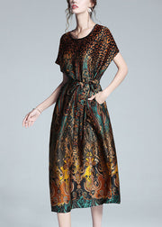 Unique Leopard O Neck Tie Waist Patchwork Silk Dress Summer