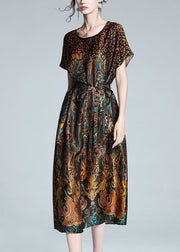 Unique Leopard O Neck Tie Waist Patchwork Silk Dress Summer