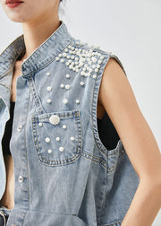 Unique Light Blue Oversized Pearl Pockets Denim Vest Fall