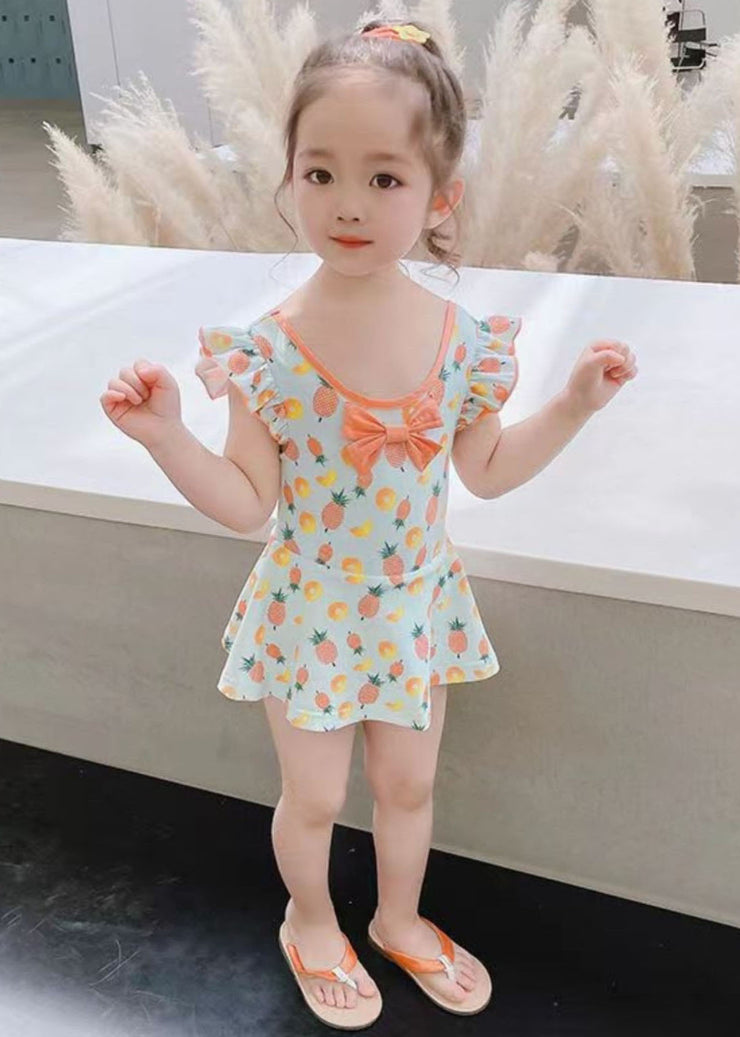 Unique Light Green Ruffled Patchwork Bow Kids One Piece Swimsui Summer