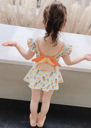 Unique Light Green Ruffled Patchwork Bow Kids One Piece Swimsui Summer