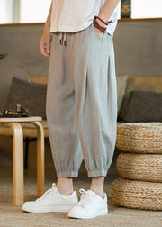 Unique Light Grey Elastic Waist Ice Silk Crop Pants Summer